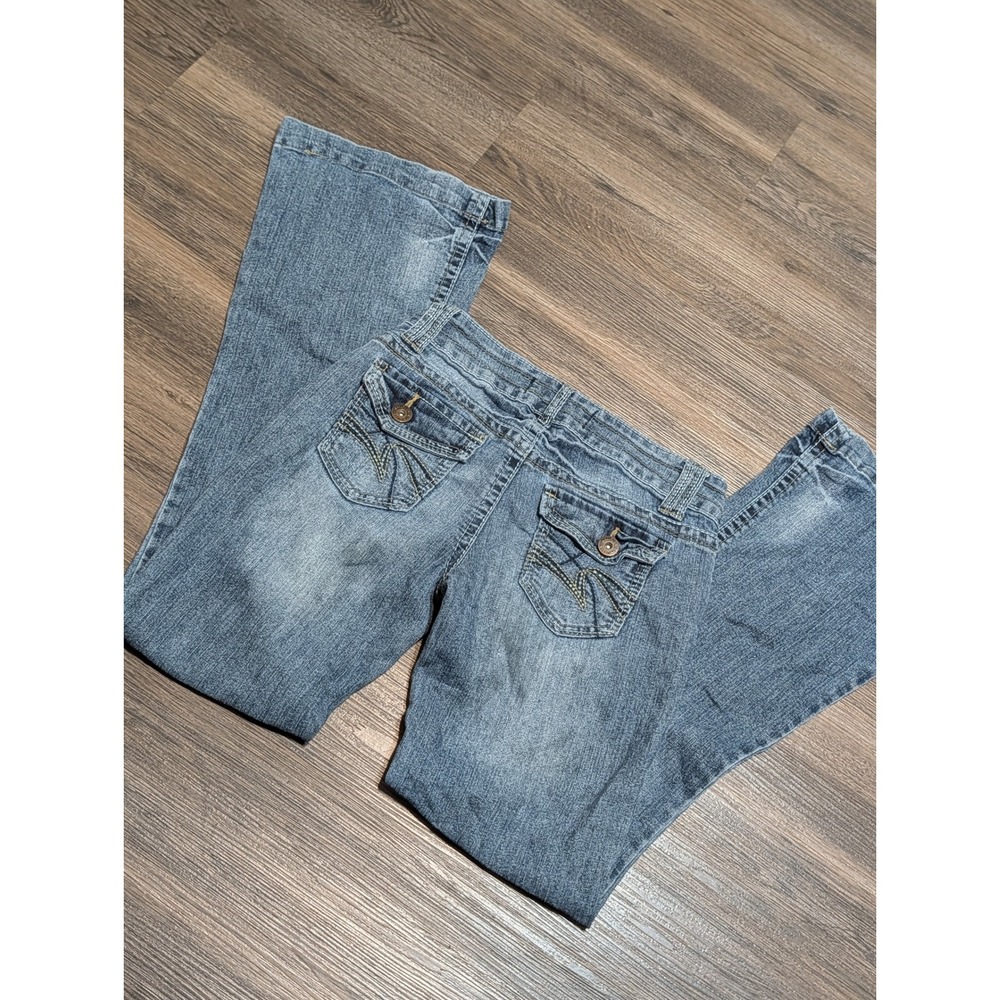 WallFlower Flare Jeans Medium Wash Low Rise Flap Pocket Y2K Sz 3? 26" READ